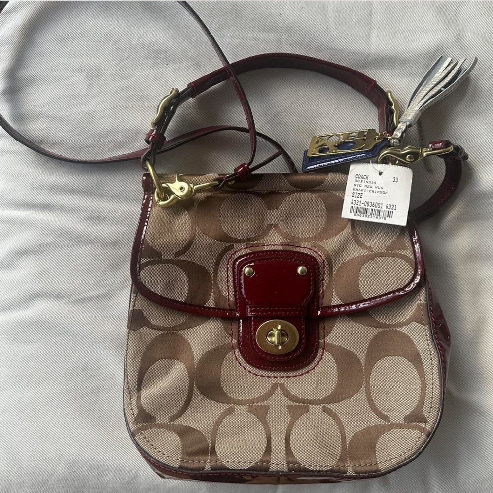Vintage Coach Hobo Crossbody Bag Brown Monogram with Burgundy Patent Leather NWT
